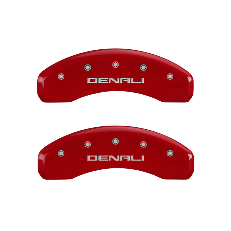 Load image into Gallery viewer, MGP 4 Caliper Covers Engraved Front &amp; Rear Denali Red finish silver ch
