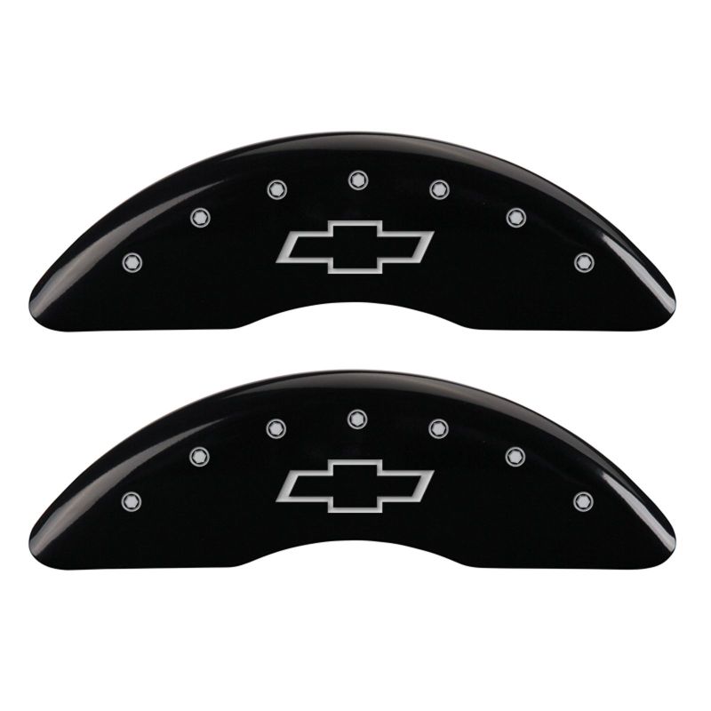 Load image into Gallery viewer, MGP 4 Caliper Covers Engraved Front &amp; Rear Bowtie Black finish silver ch
