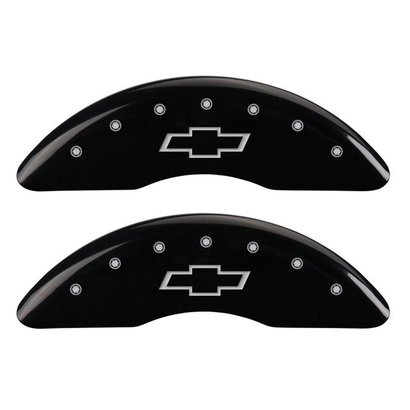 Load image into Gallery viewer, MGP 4 Caliper Covers Engraved Front &amp; Rear Bowtie Black finish silver ch
