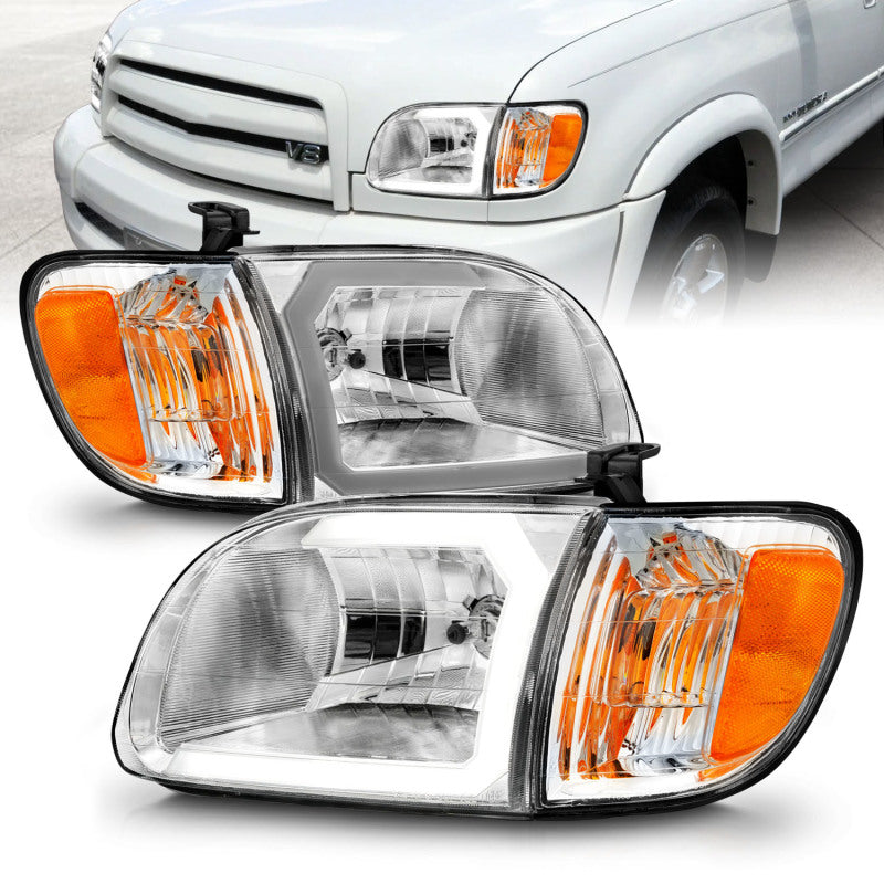 Load image into Gallery viewer, ANZO 00-04 Toyota Tundra (Reg/Acc Cab Only) Crystal Headlights w/Lgt Bar Chrome w/Corner Lights 2pc
