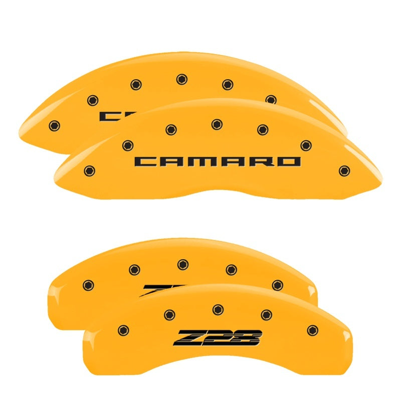 Load image into Gallery viewer, MGP 4 Caliper Covers Engraved Front Gen 5/Camaro Engraved Rear Gen 5/Z28 Yellow finish black ch
