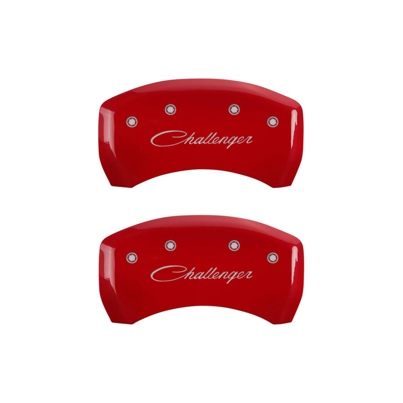 Load image into Gallery viewer, MGP 4 Caliper Covers Engraved Front &amp; Rear Cursive/Challenger Red finish silver ch
