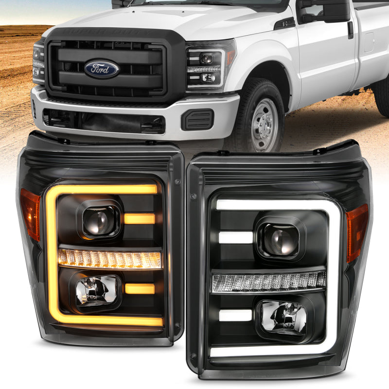 Load image into Gallery viewer, ANZO 2011-2016 Ford F250 Projector Headlights w/ Plank Style Switchback Black w/ Amber
