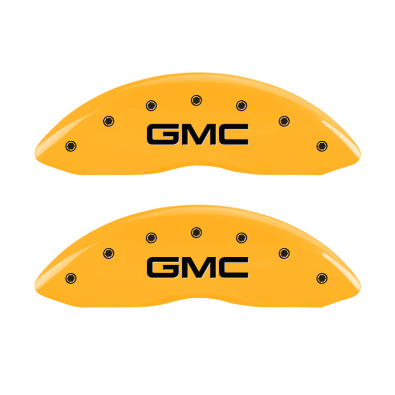 Load image into Gallery viewer, MGP 4 Caliper Covers Engraved Front &amp; Rear GMC Yellow Finish Black Char 2007 GMC Savana 2500
