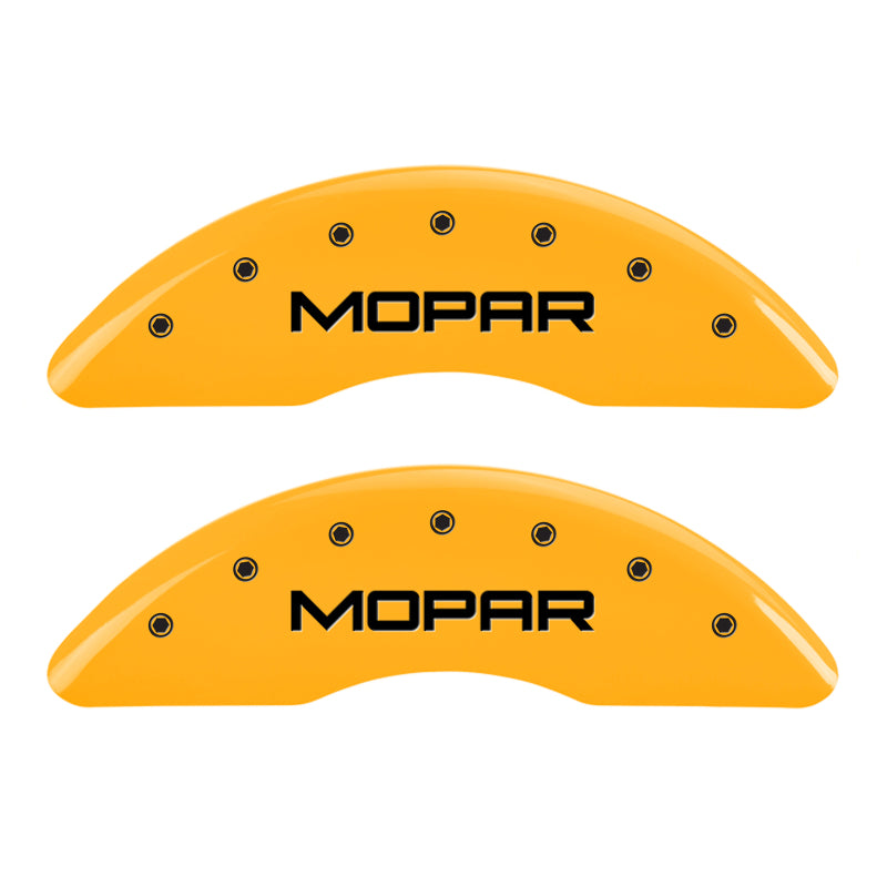 Load image into Gallery viewer, MGP 4 Caliper Covers Engraved Front &amp; Rear Mopar Yellow Finish Black Char 2010 Dodge Ram 2500
