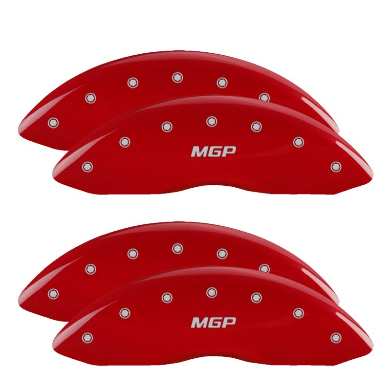 Load image into Gallery viewer, MGP 4 Caliper Covers Engraved Front &amp; Rear Silverado style/SS Red finish silver ch
