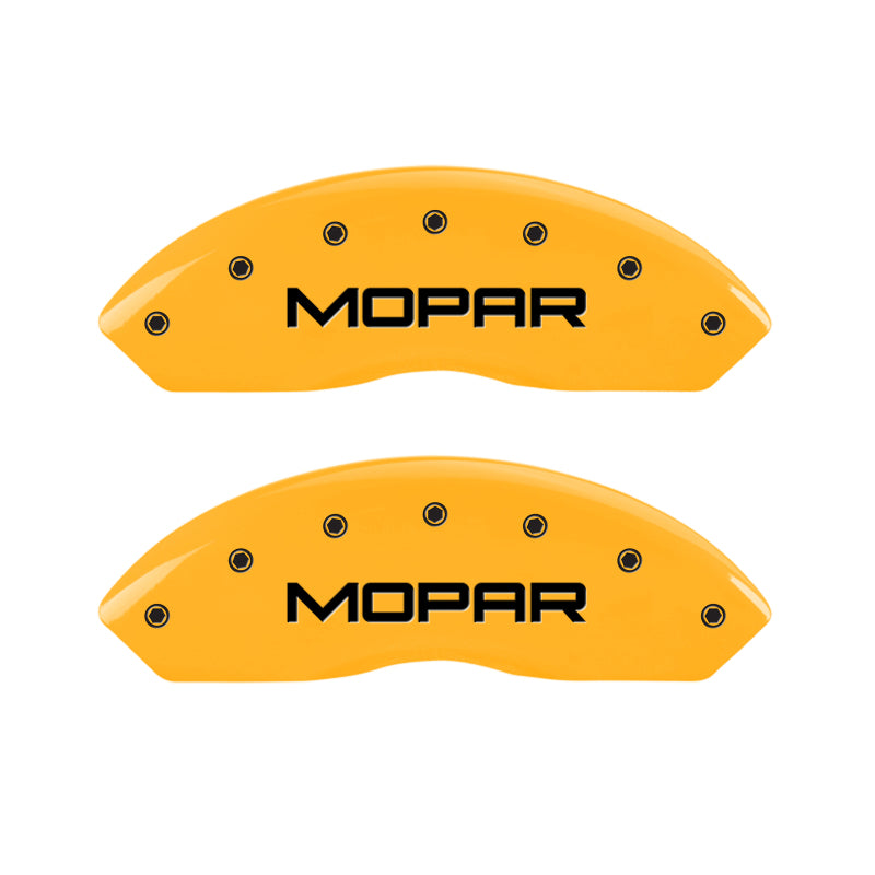 Load image into Gallery viewer, MGP 2 Caliper Covers Engraved Front Mopar Yellow Finish Black Char 2006 Jeep Wrangler
