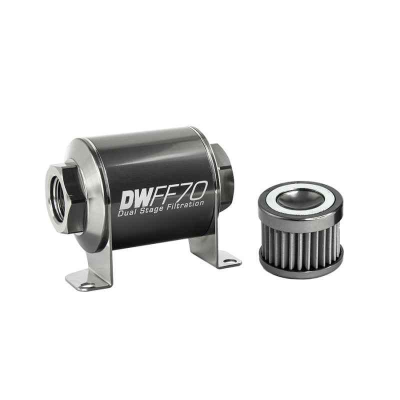 Load image into Gallery viewer, DeatschWerks Stainless Steel 8AN 40 Micron Universal Inline Fuel Filter Housing Kit (70mm)
