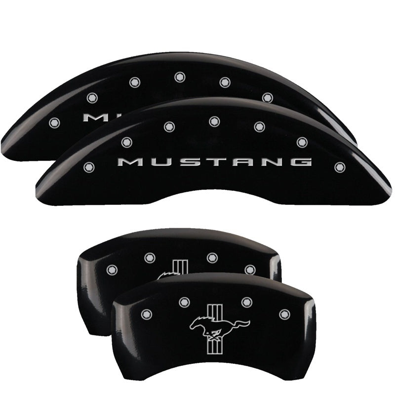 Load image into Gallery viewer, MGP 4 Caliper Covers Engraved Front 2015/Mustang Engraved Rear 2015/37 Yellow finish black ch
