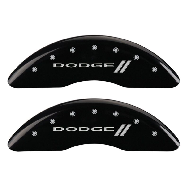 Load image into Gallery viewer, MGP 4 Caliper Covers Engraved Front &amp; Rear With stripes/Dodge Black finish silver ch
