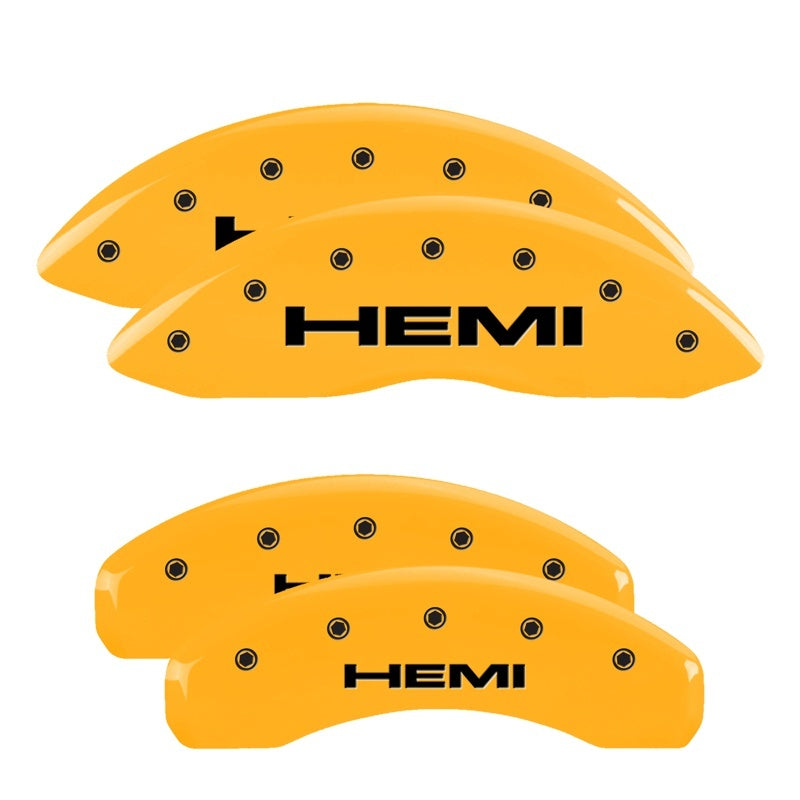 Load image into Gallery viewer, MGP 4 Caliper Covers Engraved Front &amp; Rear Hemi Yellow finish black ch
