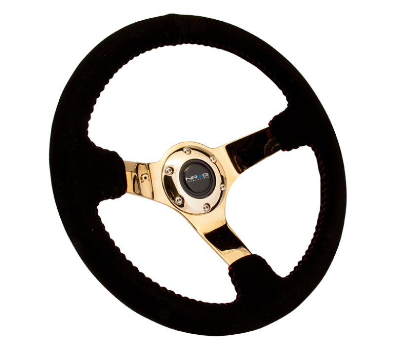 Load image into Gallery viewer, NRG Reinforced Steering Wheel (350mm / 3in. Deep) Blk Suede w/Red BBall Stitch &amp; Chrome Gold 3-Spoke
