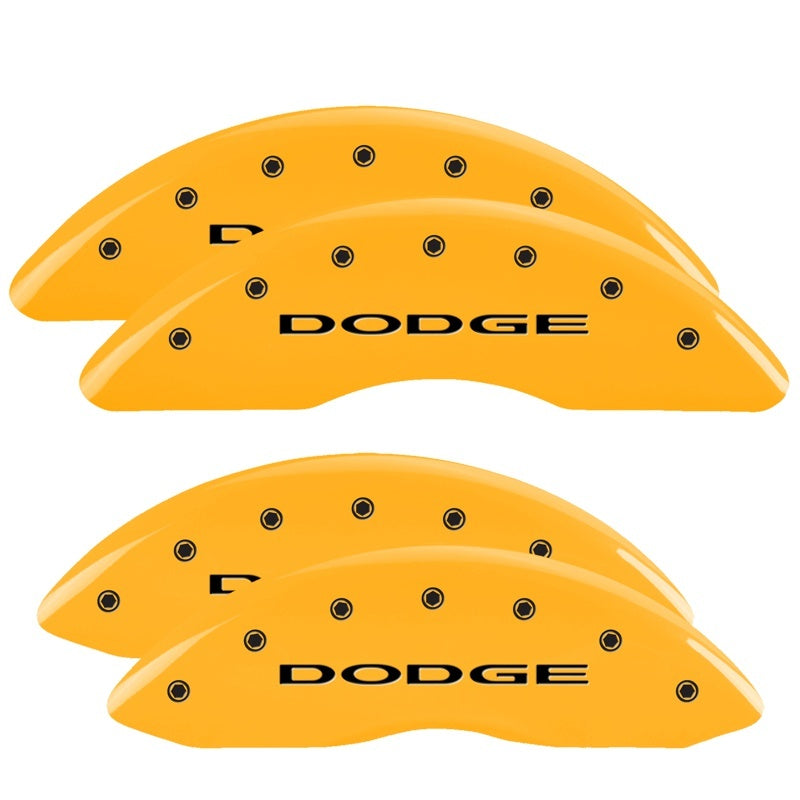 Load image into Gallery viewer, MGP 4 Caliper Covers Engraved Front &amp; Rear Dodge Yellow Finish Black Char 2010 Dodge Ram 3500
