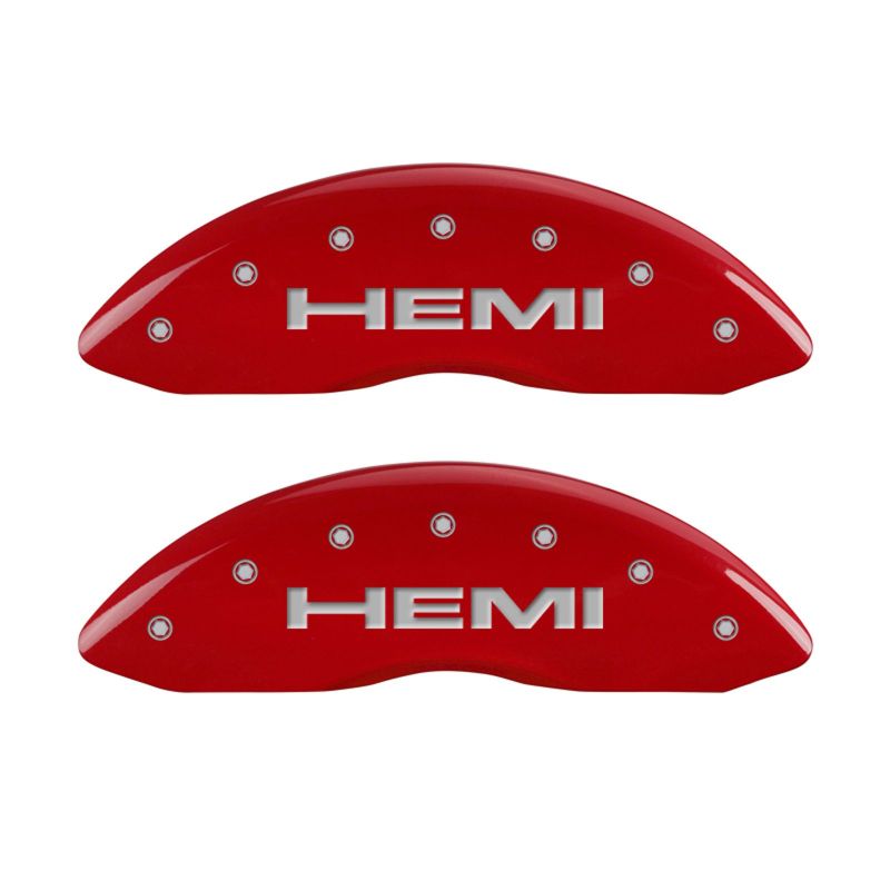 Load image into Gallery viewer, MGP 4 Caliper Covers Engraved Front &amp; Rear Hemi Red finish silver ch
