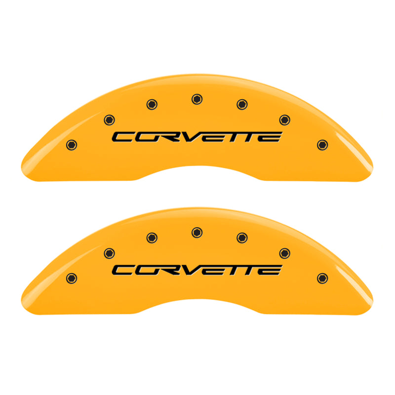 Load image into Gallery viewer, MGP 4 Caliper Covers Engraved Front &amp; Rear C6/Corvette Yellow finish black ch
