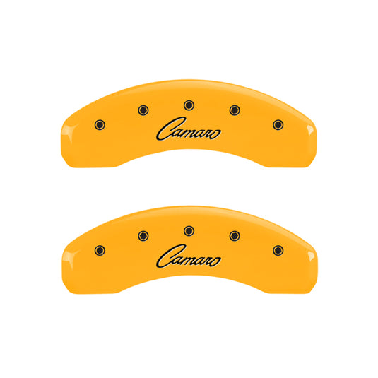 MGP 4 Caliper Covers Engraved Front & Rear Cursive/Camaro Yellow finish black ch