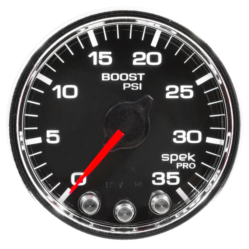 Load image into Gallery viewer, Autometer Spek-Pro Gauge Boost 2 1/16in 35psi Stepper Motor W/Peak &amp; Warn Black/Chrome

