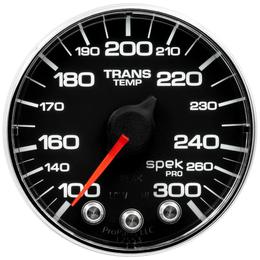 Autometer Spek-Pro Gauge Trans Temp 2 1/16in 300f Stepper Motor W/Peak & Warn Blk/Chrm