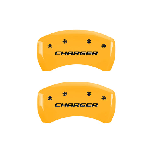 MGP 4 Caliper Covers Engraved Front & Rear Block/Charger Yellow finish black ch