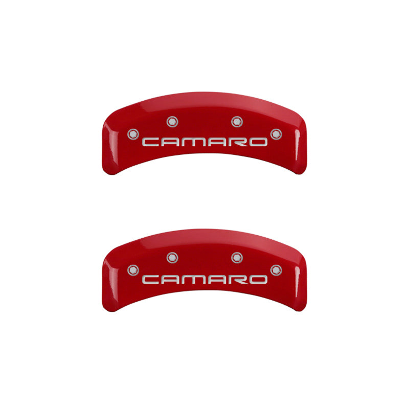 Load image into Gallery viewer, MGP 4 Caliper Covers Engraved Front &amp; Rear Gen 4/Camaro Red finish silver ch
