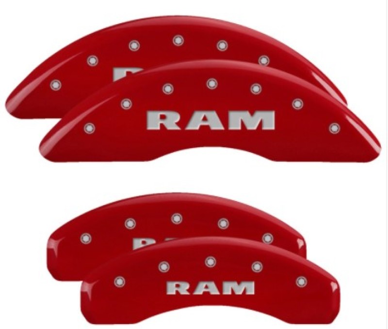 Load image into Gallery viewer, MGP 4 Caliper Covers Engraved Front &amp; Rear 2019 Ram 1500 Red Finish Silver RAM Logo
